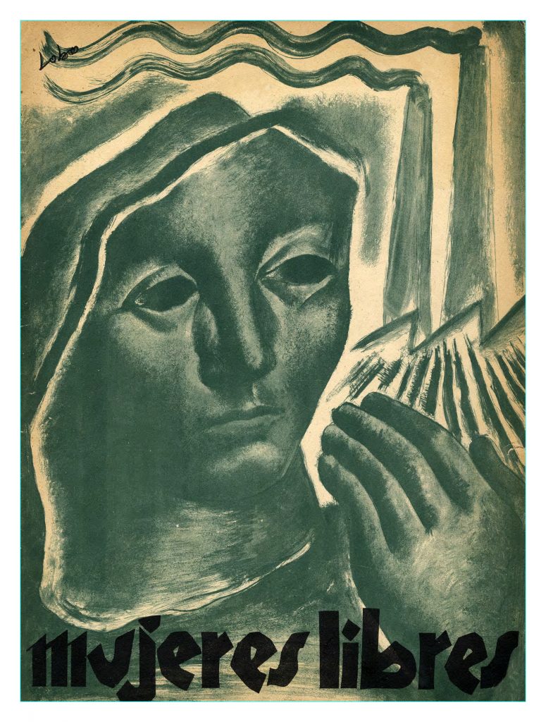 Mujeres Libres, n° 13 (dernier numéro), automne 1938, dessin de couverture signé Lobo, bibliothèque de l’université de Barcelone, Solidaridad Obrera, Ateneo nacho, hemeroteca. https://www.solidaridadobrera.org/ateneo_nacho/hemeroteca.html